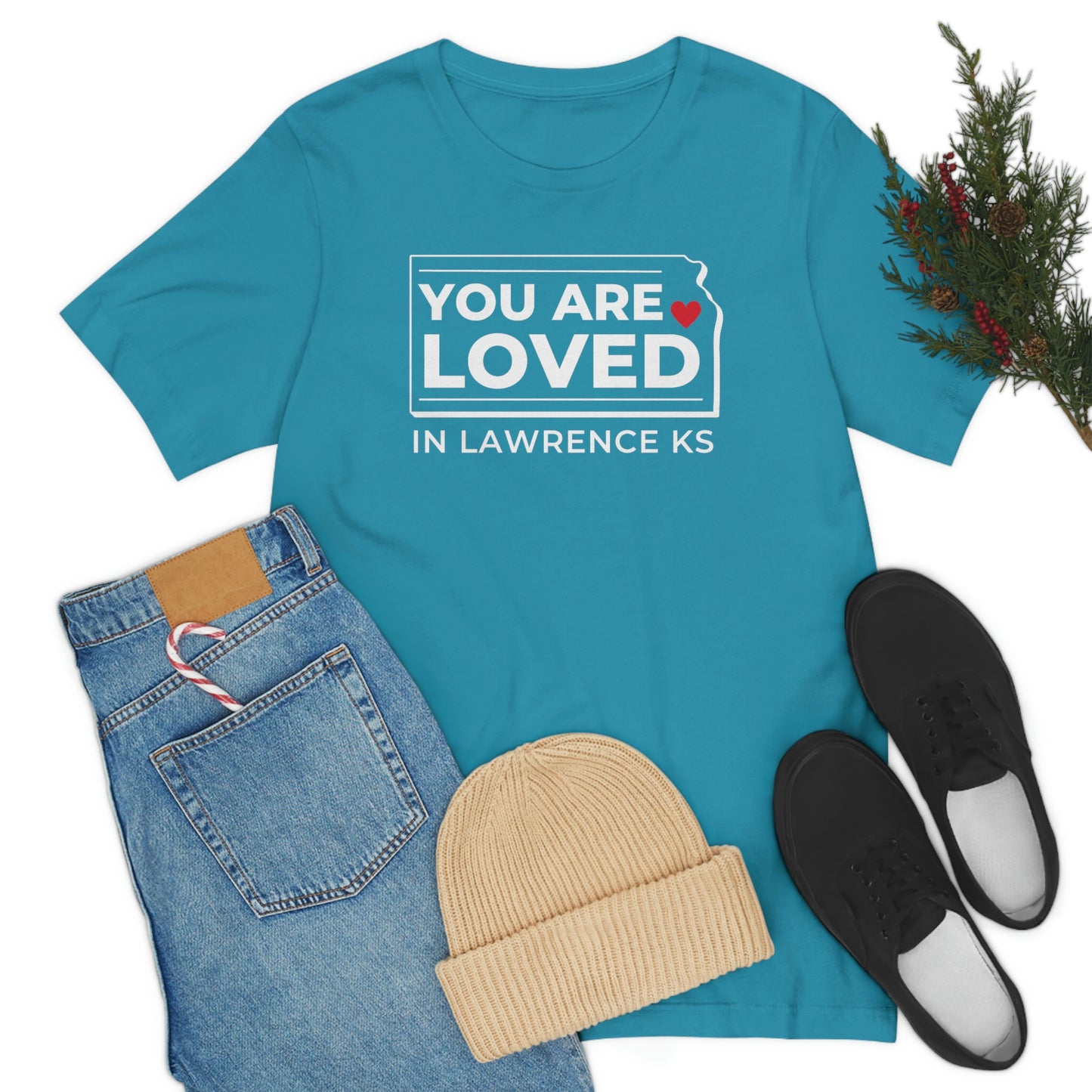 "YOU ARE LOVED ❤️ in Lawrence KS" T-Shirt [AQUA]